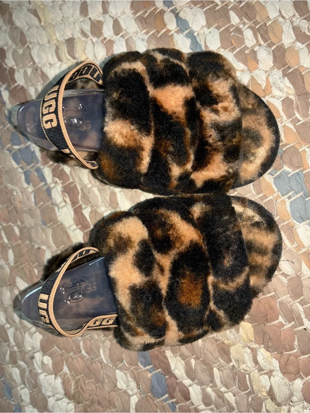 UGG Kids Leopard Faux Fur Slide Sandals - Brown & Black
